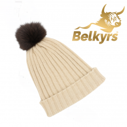 Čiapka 100% kašmír maslová s hnedým kožušinovým brmbolcom