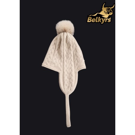 Čiapka ušianka béžová 100% kašmír s kožušinovým brmbolcom