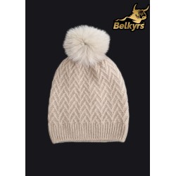 Čiapka béžová 100% kašmír s kožušinovým brmbolcom vzor