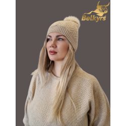Čiapka béžová 100% kašmír s kožušinovým brmbolcom vzor